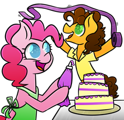 Size: 700x681 | Tagged: safe, artist:flutternutpie, character:cheese sandwich, character:pinkie pie, ship:cheesepie, apron, cake, clothing, female, food, male, shipping, simple background, straight, transparent background