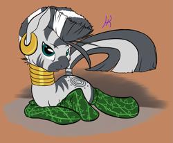 Size: 699x575 | Tagged: safe, artist:kidkaizer, character:zecora, species:zebra, clothing, female, gradient background, looking at you, lying down, simple background, socks, solo