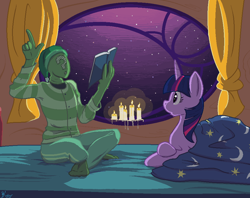 Size: 912x722 | Tagged: safe, artist:kidkaizer, character:twilight sparkle, character:twilight sparkle (alicorn), oc, oc:anon, species:alicorn, species:human, species:pony, /mlp/, bed, bedtime story, book, candle, clothing, golden oaks library, pajamas