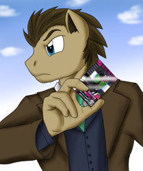 Size: 914x1093 | Tagged: safe, artist:kamenriderpegasus, character:doctor whooves, character:time turner, species:anthro, blue eyes, card, clothing, coat, doctor who, kamen rider, kamen rider decade, male, necktie, suit, the doctor