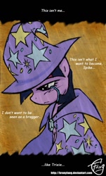 Size: 786x1305 | Tagged: safe, artist:bronyfang, character:twilight sparkle, species:pony, species:unicorn, cape, clothing, crying, female, hat, mare, sad, solo, the great and powerful, the great and powerful twilight, trixie's cape, trixie's hat