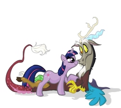 Size: 1560x1399 | Tagged: safe, artist:precosiouschild, character:discord, character:twilight sparkle, ship:discolight, female, interspecies, male, shipping, straight