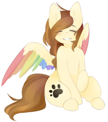 Size: 1024x1151 | Tagged: safe, artist:princesstiramichyuu, oc, oc only, oc:fluffy colors, species:pegasus, species:pony, colored wings, digital art, eyes closed, female, freckles, multicolored wings, rainbow wings, sitting, smiling, solo