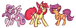 Size: 1900x700 | Tagged: safe, artist:fastserve, character:apple bloom, character:scootaloo, character:sweetie belle, species:earth pony, species:pegasus, species:pony, species:unicorn, cutie mark, cutie mark crusaders, older, race swap, simple background, the cmc's cutie marks, white background