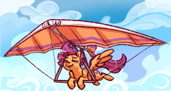 Size: 967x515 | Tagged: safe, artist:fastserve, character:scootaloo, crying, cutie mark, eyes closed, female, hang glider, hang gliding, scootaloo can fly, solo, the cmc's cutie marks