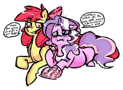 Size: 890x650 | Tagged: safe, artist:fastserve, character:apple bloom, character:diamond tiara, species:pony, ship:diamondbloom, dialogue, female, food, lesbian, magical lesbian spawn, mare, marshmallow, offspring, older, pregnant, pregtiara, shipping, simple background, speech bubble, white background