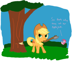 Size: 1152x960 | Tagged: safe, artist:runbowdash, character:applejack, character:pinkie pie, appleaxe, axe, lumberjack, pun, weapon