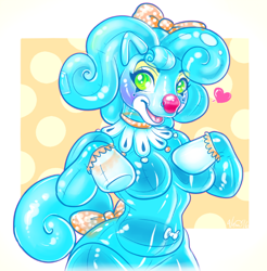 Size: 550x560 | Tagged: safe, artist:penanggalan, oc, oc only, species:anthro, g3, breasts, clown, featureless breasts, female, hair bow, heart, inflatable, open mouth, smiling, solo