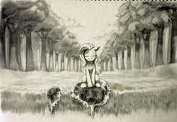 Size: 870x602 | Tagged: safe, artist:louislithium, character:fluttershy, species:pegasus, species:pony, eyes closed, female, folded wings, forest, grayscale, meditation, monochrome, peaceful, river, sitting, solo, traditional art, waterfall