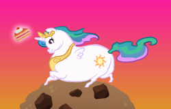 Size: 758x485 | Tagged: safe, artist:bedupolker, character:princess celestia, cake, cakelestia, chocolate chip cookies, chubbylestia, cookie, fat, looney tunes, merrie melodies, what's opera doc