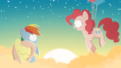 Size: 3840x2160 | Tagged: safe, artist:limejerry, character:fluttershy, character:pinkie pie, character:rainbow dash, balloon, cloud, evening, flying, pinkie being pinkie, pinkie physics, sky, stars, sun, then watch her balloons lift her up to the sky, trio, twilight (astronomy)