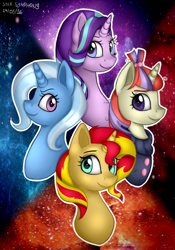 Size: 698x1000 | Tagged: safe, artist:starsymphonystela, character:moondancer, character:starlight glimmer, character:sunset shimmer, character:trixie, species:pony, species:unicorn, bust, magical quartet, portrait, twilight's counterparts