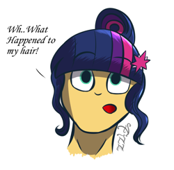 Size: 696x682 | Tagged: safe, artist:fizzwings, character:sunset shimmer, character:twilight sparkle, character:twilight sparkle (scitwi), species:eqg human, species:human, my little pony:equestria girls, accessory swap, alternate hairstyle, bust, female, hair swap, hairstyle swap, portrait, simple background, solo, white background