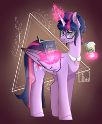 Size: 2896x3500 | Tagged: safe, artist:hfinder, character:twilight sparkle, character:twilight sparkle (alicorn), species:alicorn, species:pony, alternate hairstyle, book, coffee, coffee cup, cup, female, glasses, hair bun, magic, mare, solo, telekinesis