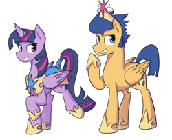 Size: 2091x1702 | Tagged: safe, artist:blackswhites, character:flash sentry, character:twilight sparkle, character:twilight sparkle (alicorn), species:alicorn, species:pegasus, species:pony, ship:flashlight, equestria girls:equestria girls, g4, my little pony: equestria girls, my little pony:equestria girls, accessory swap, armor, big crown thingy, clothing, crown, female, hoof shoes, jewelry, male, mare, necklace, peytral, raised hoof, regalia, shipping, shoes, smiling, stallion, straight, tail wrap, three quarter view