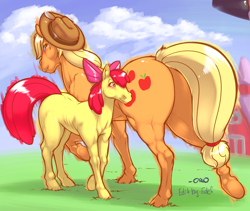 Size: 1968x1664 | Tagged: safe, artist:0r0ch1, artist:edef, edit, character:apple bloom, character:applejack, species:earth pony, species:pony, duo, female, filly, hoers, mare, realistic, realistic anatomy