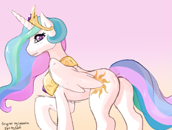 Size: 1083x819 | Tagged: safe, artist:edef, character:princess celestia, species:alicorn, species:pony, female, gradient background, grin, looking at you, looking back, mare, plot, raised hoof, smiling, solo, sunbutt