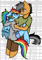 Size: 598x846 | Tagged: safe, artist:moonabelle, character:quibble pants, character:rainbow dash, species:anthro, species:unguligrade anthro, ship:quibbledash, alternate hairstyle, clothing, female, hoodie, hug, male, ponytail, shipping, shirt, shorts, straight, younger