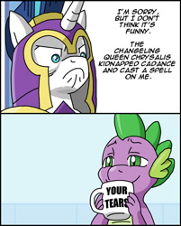 Size: 606x752 | Tagged: safe, artist:adenyne, character:shining armor, character:spike, episode:the times they are a changeling, g4, my little pony: friendship is magic, comic, do i look angry, drinking tears, faec, your tears are delicious