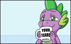 Size: 606x376 | Tagged: safe, artist:adenyne, character:spike, bust, drinking tears, lidded eyes, male, mug, portrait, reaction image, smiling, solo, your tears are delicious