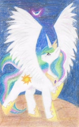 Size: 3104x4992 | Tagged: safe, artist:pixel-penguin-da, character:princess celestia, character:princess luna, crying, looking up, moon, raised hoof, sad, spread wings, to the moon, traditional art, wings