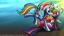 Size: 1920x1080 | Tagged: safe, artist:nyuuchandiannepie, character:rainbow dash, character:twilight sparkle, ship:twidash, episode:hearth's warming eve, g4, my little pony: friendship is magic, blushing, clothing, cute, eyes closed, feather, female, heart, holly, holly mistaken for mistletoe, kissing, lesbian, scarf, shipping, socks, spread wings, wings