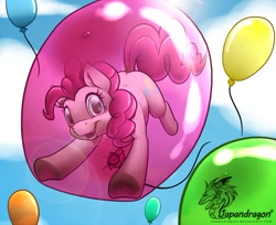 Size: 900x733 | Tagged: safe, artist:chubby-kirin, character:pinkie pie, species:earth pony, species:pony, balloon, bubble, cloud, female, how, inside, mare, pinkie being pinkie, pinkie pie trapped in a balloon, sky, smiling, solo, then watch her balloons lift her up to the sky, underhoof
