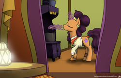 Size: 5100x3300 | Tagged: safe, artist:bananimationofficial, character:saffron masala, episode:spice up your life, g4, my little pony: friendship is magic, cooking, eating, eyes closed, female, levitation, magic, pot, raised hoof, solo, spoon, stove, table, telekinesis, the tasty treat