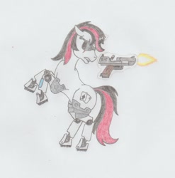 Size: 1052x1064 | Tagged: safe, artist:agentappleblanket, oc, oc only, oc:blackjack, species:pony, species:unicorn, fallout equestria, fallout equestria: project horizons, cutie mark, cyborg, deal with it, desert eagle, fanfic, fanfic art, female, glowing horn, gun, handgun, hooves, horn, level 1 (project horizons), levitation, magic, mare, pencil drawing, pistol, rearing, scar, shooting, simple background, solo, sunglasses, teeth, telekinesis, traditional art, weapon, white background