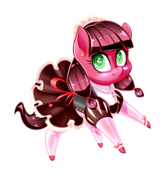 Size: 2480x2692 | Tagged: safe, artist:terkatoriam, oc, oc only, oc:macdolia, species:earth pony, species:pony, chibi, clothing, cute, ear piercing, earring, french maid, jewelry, maid, maid headdress, piercing, pigtails, pointy ponies, stockings