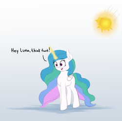 Size: 2000x1981 | Tagged: safe, artist:vanillaghosties, character:princess celestia, species:alicorn, species:pony, dialogue, equestria is doomed, female, imminent darwin award, magic, mare, missing accessory, solo, standing, sun, sun work, tangible heavenly object, this will end in death, this will end in extinction, this will end in fire, this will end well, too dumb to live, walking, xk-class end-of-the-world scenario