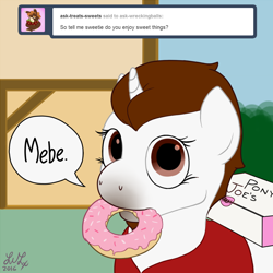Size: 1024x1024 | Tagged: safe, artist:webster, oc, oc only, oc:wrecking ball, species:pony, species:unicorn, clothing, donut, eyelashes, food, question and answer, solo, sprinkles, vest