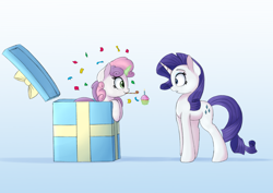 Size: 1977x1396 | Tagged: safe, artist:vanillaghosties, character:rarity, character:sweetie belle, species:pony, species:unicorn, birthday candles, bow, box, candle, confetti, cupcake, cute, diasweetes, female, filly, food, gradient background, magic, mare, party horn, pony in a box, present, smiling, surprised, telekinesis, unexpected