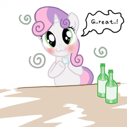 Size: 850x850 | Tagged: safe, artist:ehfkdl569, character:sweetie belle, species:pony, species:unicorn, :3, alcohol, catface, drunk, drunker belle, drunkie belle, female, solo, tipsy, underaged drinking