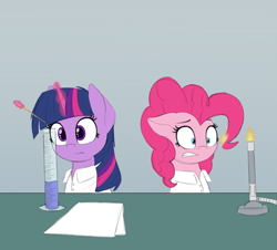 Size: 1939x1756 | Tagged: safe, artist:vanillaghosties, character:pinkie pie, character:twilight sparkle, species:pony, newbie artist training grounds, abuse, bunsen burner, experiment, fire, mane on fire, pinkiebuse