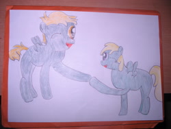 Size: 2592x1944 | Tagged: safe, artist:cmc--scootaloo, character:chirpy hooves, character:crackle pop, species:pegasus, species:pony, newbie artist training grounds, brother and sister, chirpy hooves, colt, filly, foal, happy, hoofbump, male, one eye closed, raised hoof, sibling bonding, siblings, smiling, traditional art, wink