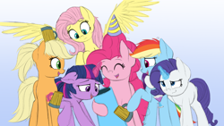 Size: 1920x1080 | Tagged: safe, artist:vanillaghosties, character:applejack, character:fluttershy, character:pinkie pie, character:rainbow dash, character:rarity, character:twilight sparkle, character:twilight sparkle (alicorn), species:alicorn, species:pony, alcohol, apple cider (drink), clothing, drunk, drunk aj, drunk rarity, drunk twilight, drunker dash, drunkershy, drunkie pie, hat, mane six, missing accessory, party cannon, party hat, wine, wine glass