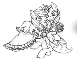 Size: 1200x929 | Tagged: safe, artist:nyuuchandiannepie, character:applejack, character:rarity, species:pony, ship:rarijack, bridesmaid dress, clothing, dress, female, lesbian, mare, monochrome, shipping, sketch
