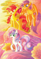 Size: 1280x1811 | Tagged: safe, artist:colourbee, character:apple bloom, character:scootaloo, character:sweetie belle, species:earth pony, species:pegasus, species:pony, species:unicorn, copic, cutie mark, cutie mark crusaders, female, filly, flying, marker drawing, the cmc's cutie marks, traditional art, trio
