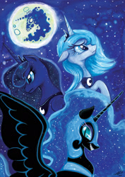 Size: 1280x1810 | Tagged: safe, artist:colourbee, character:nightmare moon, character:princess luna, looking at you, lunar trinity, mare in the moon, moon, s1 luna, three luna moon, three wolf moon, traditional art, watercolor painting