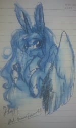 Size: 863x1449 | Tagged: dead source, safe, artist:goldenrainynight, character:princess luna, species:alicorn, species:pony, bunny ears, female, food, lined paper, mare, mooncake, solo, traditional art