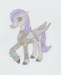 Size: 696x856 | Tagged: safe, artist:agentappleblanket, oc, oc only, oc:morning glory (project horizons), species:pegasus, species:pony, fallout equestria, fallout equestria: project horizons, branded, enclave, energy weapon, grand pegasus enclave, laser pistol, pencil drawing, traditional art, weapon
