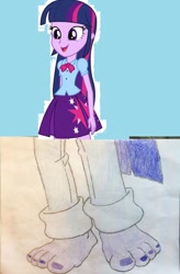 Size: 933x1422 | Tagged: safe, artist:richarddawson, character:twilight sparkle, character:twilight sparkle (alicorn), my little pony:equestria girls, 1000 years in photoshop, barefoot, feet, female, foot fetish, foot focus, nail polish, sketch, solo, wat
