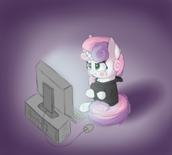 Size: 1952x1756 | Tagged: safe, artist:vanillaghosties, character:sweetie belle, species:pony, species:unicorn, angry, clothing, computer, computer mouse, crossed arms, cute, diasweetes, female, filly, grumpy belle, hoodie, pouting, puffy cheeks, sitting, solo