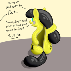 Size: 1048x1045 | Tagged: safe, artist:dieoberuser, oc, oc only, oc:fume hood, biohazard, bitchsuit, cute, hazmat suit, latex, latex pony, latex suit, living clothes, living object, living suit, object pony, offscreen character, original species, ponified, shiny, solo, talking, talking to viewer, zipper