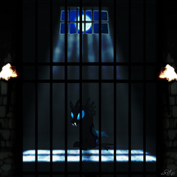 Size: 1000x1000 | Tagged: safe, artist:wisdomvision f., species:changeling, love changes a changeling, moon, nightmare shines behind bars, solo, story art, wisdomvision f.