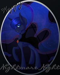 Size: 1024x1284 | Tagged: safe, artist:bookxworm89, character:princess luna, cape, clothing, fangs, female, nightmare night, solo