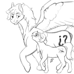 Size: 2500x2500 | Tagged: safe, artist:gabriel-titanfeather, oc, oc only, oc:gabriel titanfeather, oc:gypsy love, oc:patches, species:pegasus, species:pony, species:unicorn, digital art, female, impossibly large wings, male, mare, monochrome, propositioning, shipping, size difference, sketch, smirk, stallion, straight, walking