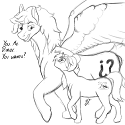 Size: 2500x2500 | Tagged: safe, artist:gabriel-titanfeather, oc, oc only, oc:gabriel titanfeather, oc:gypsy love, oc:patches, species:pegasus, species:pony, species:unicorn, dialogue, digital art, female, impossibly large wings, male, mare, monochrome, propositioning, shipping, size difference, sketch, smirk, stallion, straight, walking