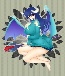 Size: 2300x2700 | Tagged: safe, artist:magico-enma, character:princess ember, species:human, barefoot, bloodstone scepter, breasts, busty princess ember, clothing, dragon lord ember, feet, female, horned humanization, humanized, looking at you, open mouth, pleated skirt, skirt, solo, sweater, sweater puppies, winged humanization